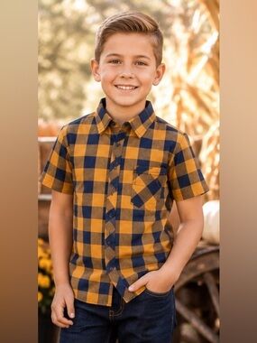 Nomad Boys Blue Mustard Plaid Flannel Button Shirt Cotton School Photos 8S NWOT
